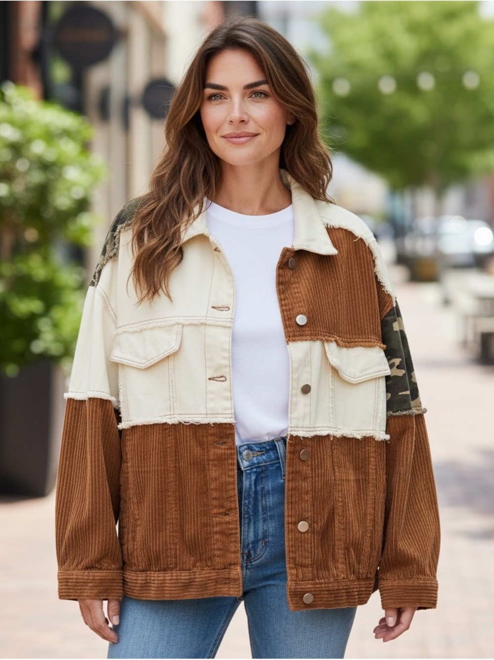 POL Patchwork Corduroy & Canvas Jacket in Cream, Brown & Green Camouflage